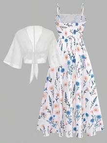 Women's Elegant Ditsy Floral Chiffon Dress & Two Pieces Set, Fashionable Outfit Date, Holiday, Casual Wear Spring - 多色 2 - 查看 3
