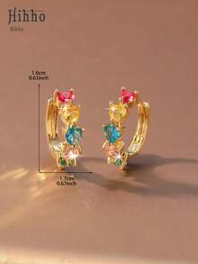 Hihho 1 Pair Rainbow Heart Hoop Earrings, Silver/Gold Plated, Luxury European Style Inlaid Zirconia Earrings, Sweet Elements With Colorful Gems, Versatile For Gifting, Commuting And Dating - Heart-shaped Earrings - View 6