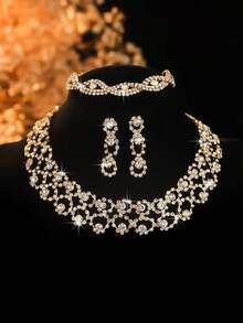 4 piezas Conjunto de joyería de collar, aretes y pulsera con onda de rhinestone de lujo, accesorios elegantes y versátiles adecuados para uso diario, boda, fiesta, regalo - Dorado - Ver 3