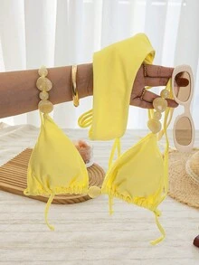 Conjunto de bikini de mujer con cuentas y cuello halter - Traje de baño de dos piezas amarillo con Bottom atada a los lados para verano y vacaciones en la playa - Amarillo - Ver 1
