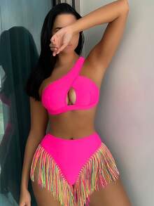 2026 Summer Must-Have Bikini - Cute & Flirty Two-Piece Swimsuit, Sexy Two-Piece Set With Colorful Tassel Design, Stretchy & Flirty, Adjustable Bandeau Or Triangle Top For Beach & Yacht Wear - Màu Hồng Tươi - Xem 5