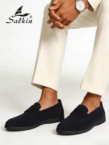 Salkin 设计师款男士休闲乐福鞋，纯色仿麂皮绒面革，柔软舒适，防滑耐磨，适合休闲、商务、派对、婚礼等多种场合，春夏秋季均可穿着。尺码齐全，建议选购大一码。 - 藏蓝色 - 查看 4