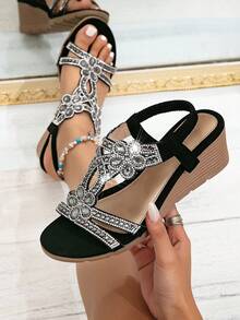 Women's New Platform Wedge Sandals - Retro Rhinestone Elastic Strap Bohemian Style Roman Sandals, Suitable For Vacation - Black - View 1