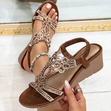 女士新款厚底凉鞋 - 复古水钻松紧带波西米亚风格罗马凉鞋，适合度假旅行 - 棕色 - 查看 12