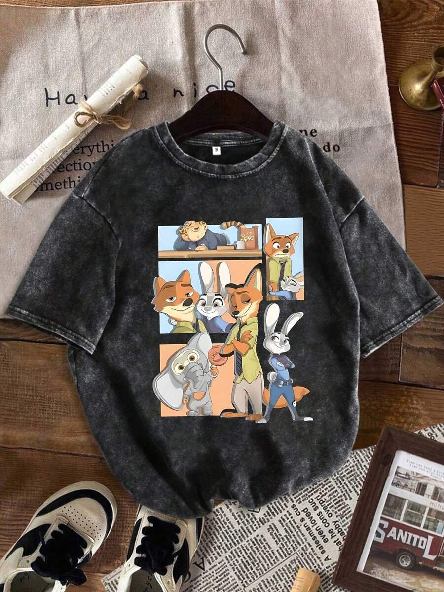 (Authorized By Disney) Zootopia All-Staff Printed T-Shirts, Judy Nick+Lightning/Leopard /Elephant Split-Mirror Pattern, Zootopia Character Group Portrait Theme Printing, Short-Sleeved Women's T-Shirts, Casual Retro Women's Tops, Soft, Comfortable And Breathable Fabrics, Suitable For Daily Wear, Shopping, Travel, Parties And Home Use. It Is Also Suitable As A Beautiful Gift. Every Woman Should Have One. - Black - View 1