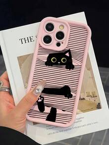 时尚可爱条纹黑猫眼图案印花手机壳，摄像头镜头全覆盖保护，柔软粉色硅胶保护套，兼容 16、15、14、12、11、13、17、17 Pro、17 Pro Max、15 Pro Max、14 Pro Max、16 Pro Max、15 Pro Max、14、14 Pro Max、13 Pro Max - 粉色 - 查看 1