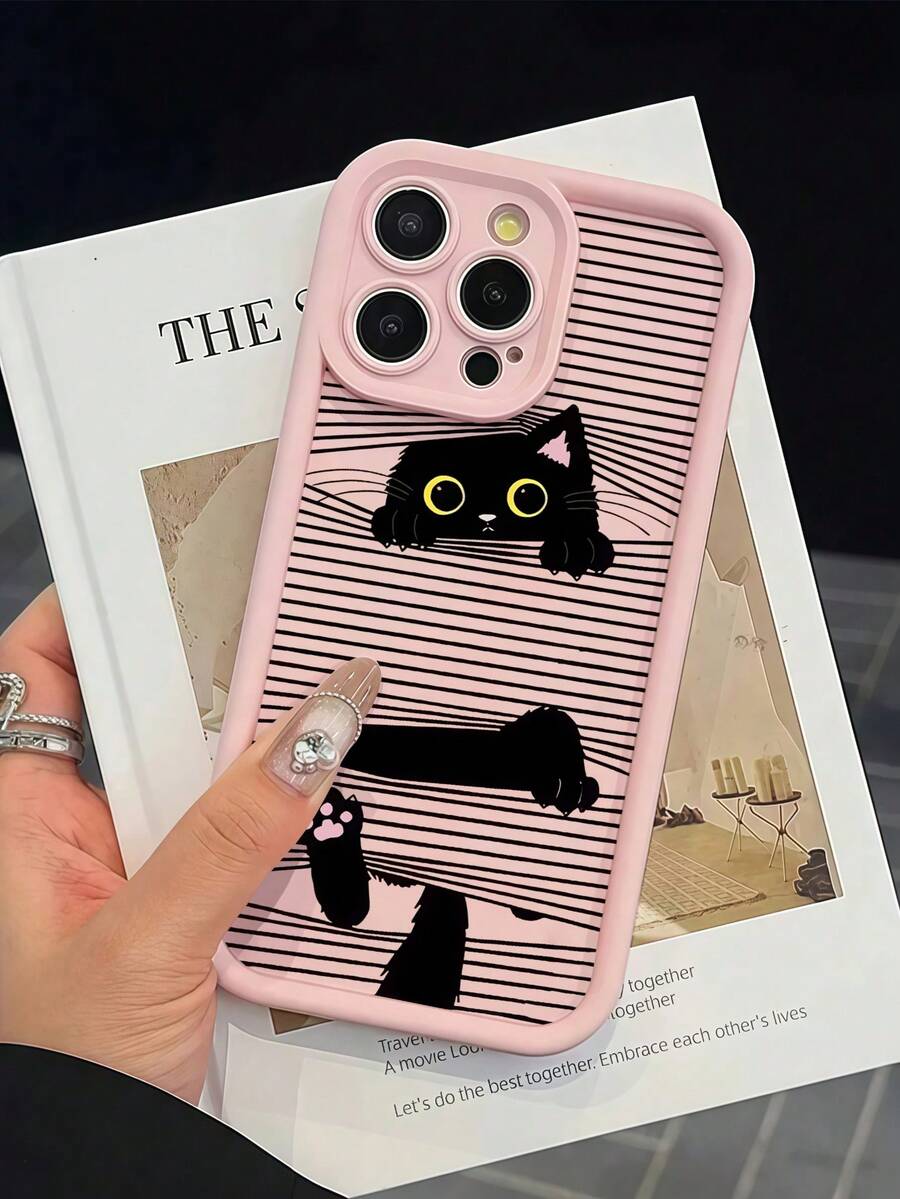 时尚可爱条纹黑猫眼图案印花手机壳,摄像头镜头全覆盖保护,柔软粉色硅胶保护套,兼容 16、15、14、12、11、13、17、17 Pro、17 Pro Max、15 Pro Max、14 Pro Max、16 Pro Max、15 Pro Max、14、14 Pro Max、13 Pro Max - 粉色 - 查看 1