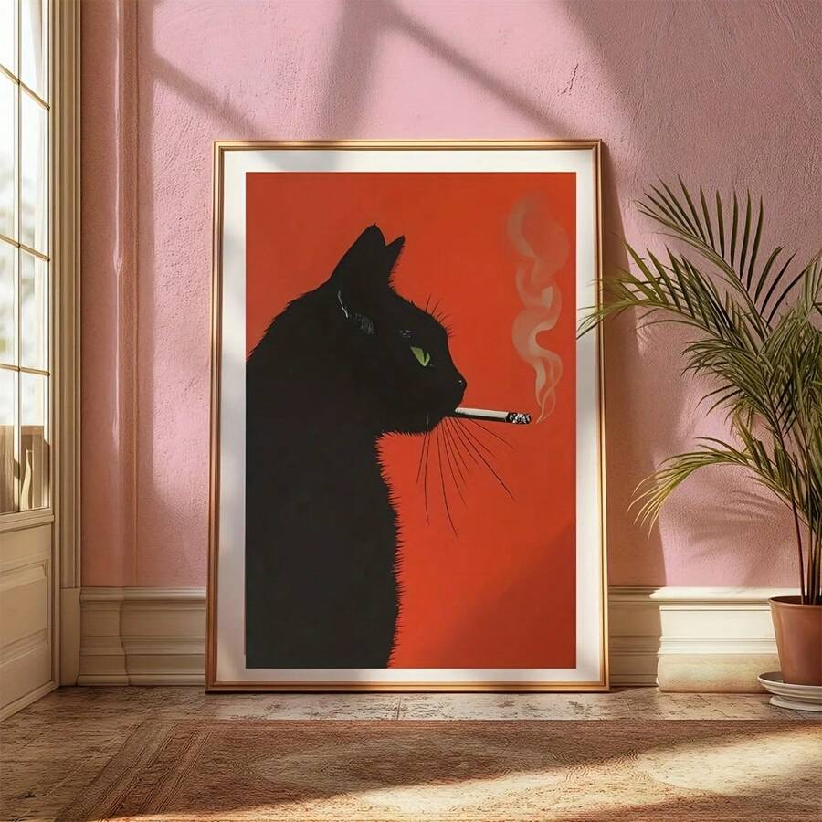 1幅复古黑猫吸烟墙画，异想天开的复古海报印刷品，趣味动物海报，酒吧和厨房的个性装饰，客厅家居装饰，墙面装饰，客厅装饰画，客厅装饰海报，家居装饰墙画，无框