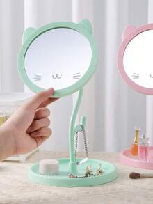 Cute Cat Ear Desktop Makeup Mirror, 360° Rotatable Adjustable Vanity Mirror With Storage Tray, Kawaii Cartoon Cat Face Cosmetic Mirror For Bedroom Dorm Desk, Portable Tabletop Beauty Mirror For Women Girls, Anti-Slip Base Makeup Tool, Ideal Gift For Friends Family, Available In White/Pink, Perfect For Daily Makeup Skincare, Cute Room Decor Aesthetic, Student Dormitory Essential, Easy To Clean And Use - Multicolor - View 5