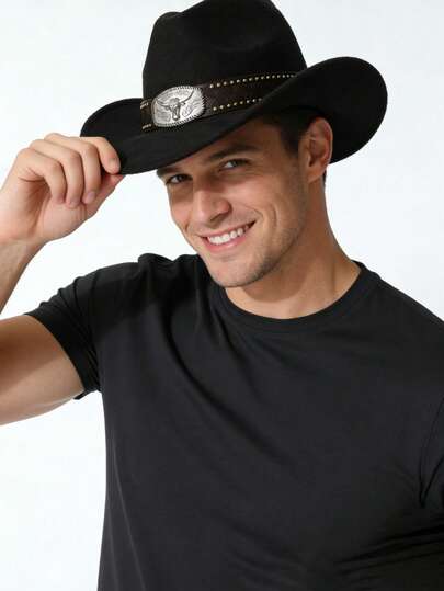 男女通用西部牛仔帽，宽檐毡帽，饰有牛头图案，复古铆钉皮带，防晒爵士帽，适合男女户外旅行、聚会和日常佩戴