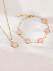 1 Necklace & 1 Bracelet Set, Fashionable Luxury Minimalist Gold-Tone Clover Flower & Oval Pendant, Copper Material, Suitable As Girlfriend, Wedding, Graduation, Date Gift - Pink - View 1