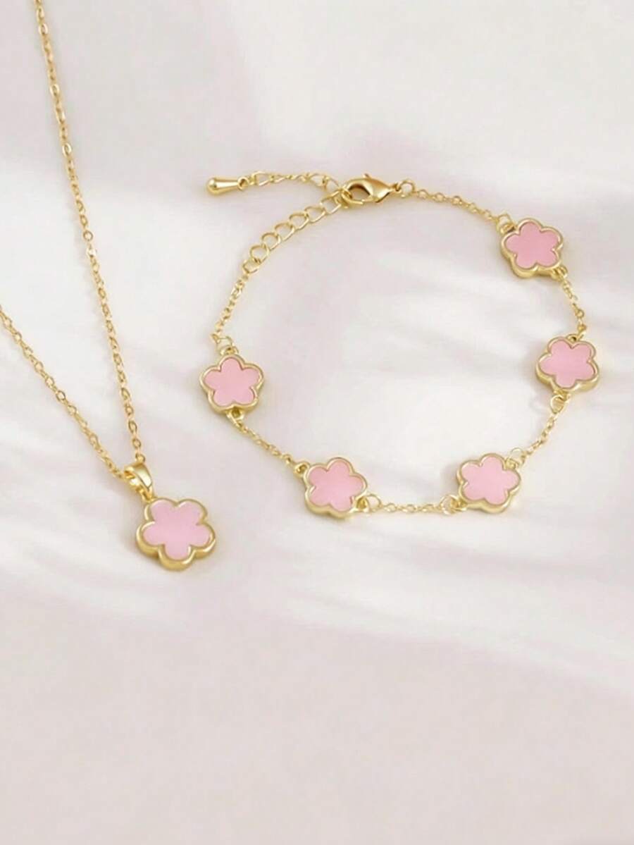 1 Necklace & 1 Bracelet Set, Fashionable Luxury Minimalist Gold-Tone Clover Flower & Oval Pendant, Copper Material, Suitable As Girlfriend, Wedding, Graduation, Date Gift - Pink - View 1