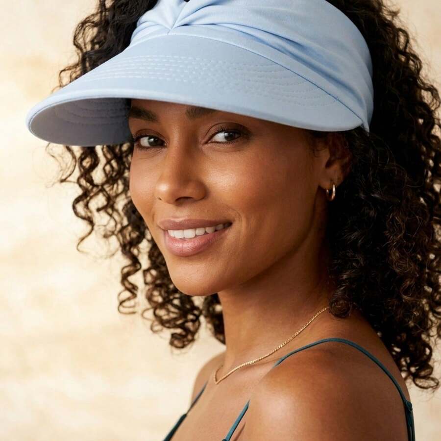 Women's Wide Brim Turban Visor With UV50+ Protection, Beach, Pool, Foldable, Adjustable, Summer - Baby Blue - View 1