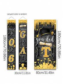 3pcs/Set 2026 Black & Gold Glitter Entrance Banner - "Class Of 2026" And "Congratulations On Your Graduation" Outdoor Welcome Sign With Graduation Cap And Diploma Design, Ideal For High School And College Graduation Party Decor - Multicolor - View 9