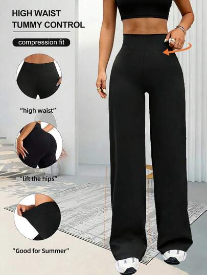 1pc Women's Solid High Waist Slimming Straight Leg Pants, Elegant And Chic Office Classic Style, Suitable For All Seasons Formal And Casual Wear, Applicable For Running, Gym, Work And Outdoor, Versatile Loose Straight Leg Trousers, Fashion Base Layer Pants Black