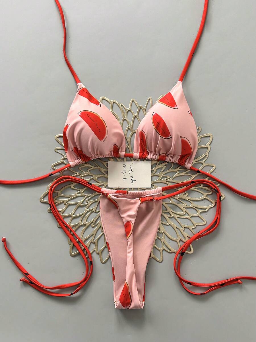 Conjunto de bikini sexy con estampado de sandía, escote halter y lazos para mujer, ideal para playa en verano - Multicolor - Ver 1