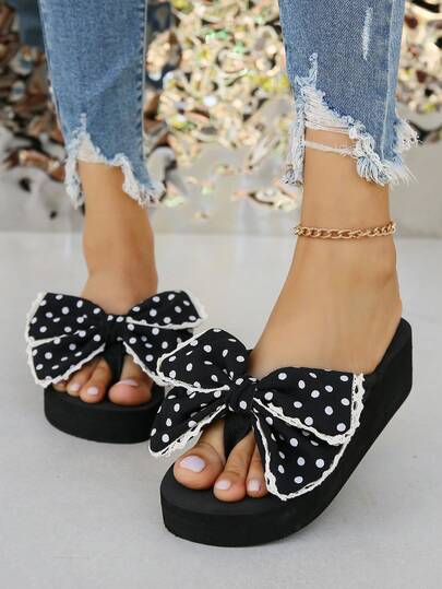 Dép xỏ ngón nữ thắt nơ, dép cao gót thời trang mùa hè ngoài trời, dép xỏ ngón đế dày chống trượt mới có kẹp ngón chân, dép đế xuồng đi nghỉ mát