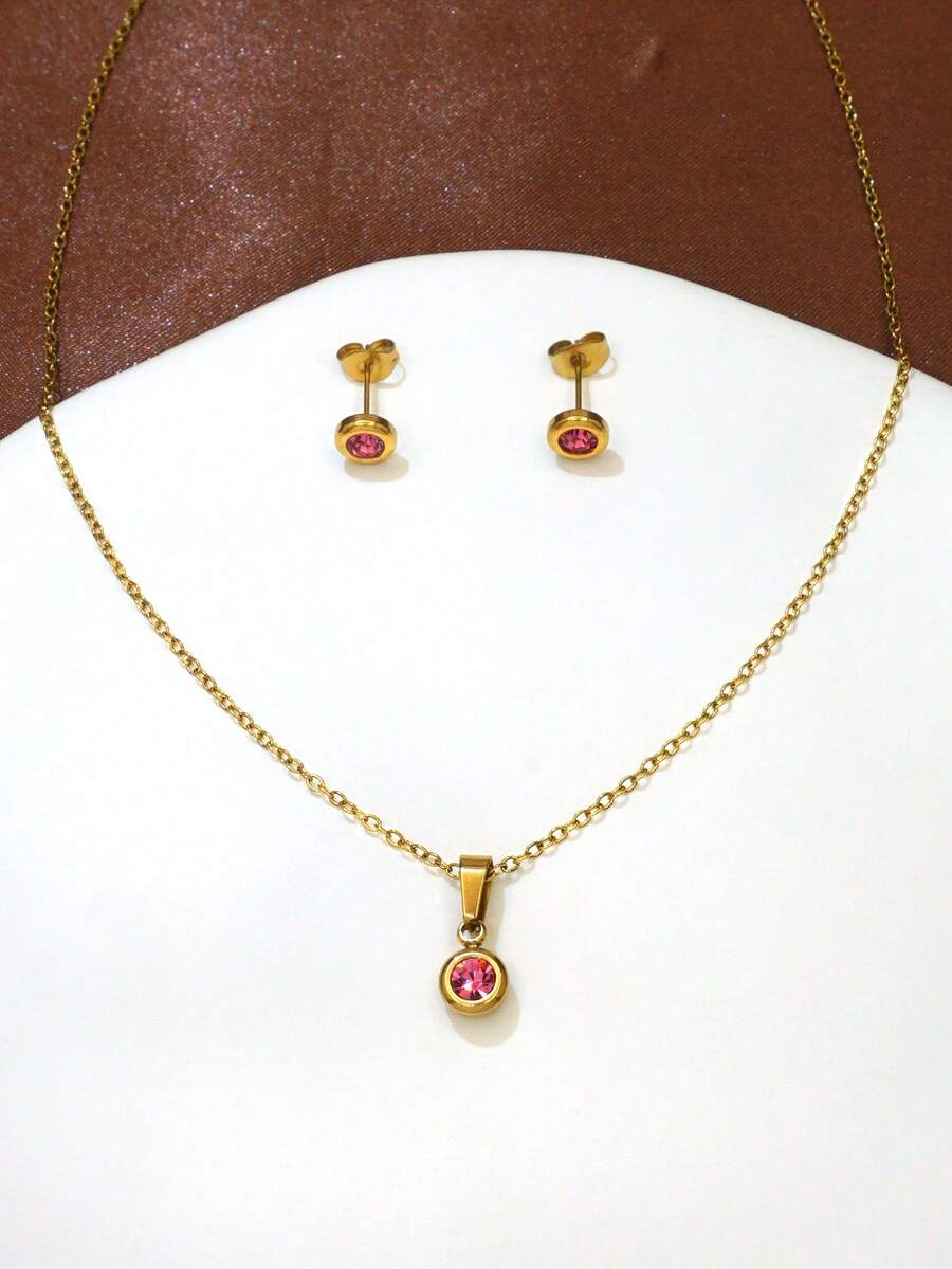 Juego de joyería de 3 piezas para mujer de acero inoxidable con colgante redondo de strass rosa intenso, collar y aretes. Moda, lujo, para fiesta, boda, vacaciones, regalo para el Día de la Madre, cumpleaños - Multicolor - Ver 1