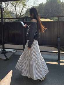 女士休闲条纹中长A字裙，百搭日常装 - 白色 - 查看 6