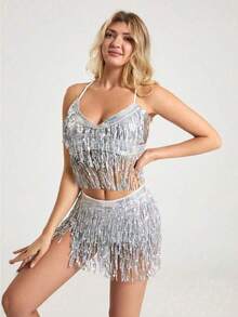 一套亮片流苏连衣裙套装，女士两件套，露脐上衣吊带衫包包提臀迷你裙闪亮流苏套装，万圣节主题 - 彩色 - 查看 16