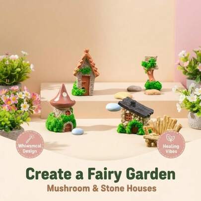 Un conjunto de casa de jardín de hadas en miniatura y accesorios - Casa de muñecas de resina, piedra y madera con silla y señal, adecuada para terrariums de musgo, decoración de acuarios, paisaje de cuentos de hadas, decoración en miniatura para paisaje al aire libre/botella