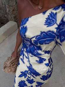 Printed One-Shoulder Dress, Fitted Waist Mermaid Hem, Vacation Style Elegant Slimming Dress For Women Spring - Blue - View 5
