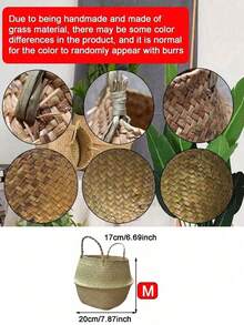 1pc Nordic Style Woven Storage Basket, Large Planter, Foldable Rattan Basket With Handle - A - View 14