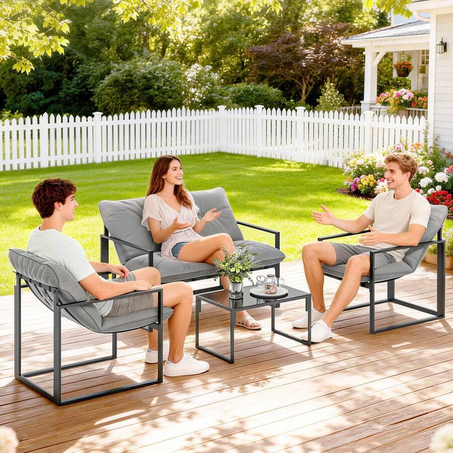 Outsunny 4 Piece Patio Furniture Set,Outdoor Furniture Conversation Set With Tempered Glass Table,Loveseat Sofa,2 Chairs And Cushions,Metal Frame For Garden,Backyard,Light Grey - Gris Claro - Ver 1