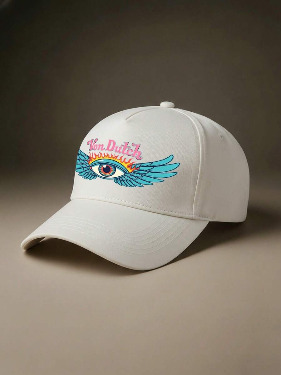 1pcs Von Dutch Eye Wings Flames Printed Baseball Cap, Classic Casual Retro Y2K Unisex Baseball Cap, Adjustable Size, Lightweight And Sun Protection, Suitable For Outdoor Sports, Daily Parties, And Vacations, - trắng - Xem 1