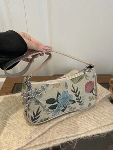 New Floral Embroidered Armpit Bag, Jacquard Weave Shoulder Bag, Niche Design Baguette Bag - Multicolor - View 8