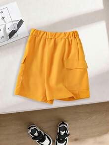 2pcs/Set Casual T-Shirt And Shorts Set For Teenage Boys, Featuring Cute Cartoon Character And Simple English Text Graphic, Summer Outfit - Apricot - View 6