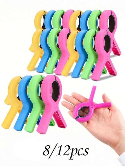 12 piezas/8 piezas Pinzas multiusos para toallas de playa, pinzas de plástico, pinzas antiviento para toallas de playa, ganchos, pinzas, pinzas de resorte resistentes, pinzas para sillas de playa, pinzas para calcetines, pinzas de plástico grandes, adecuadas para fijar toallas, mantas, ropa en tendederos, tumbonas, sillas de piscina, etc. Surtido de colores aleatorios, adecuado para uso doméstico y de viaje.