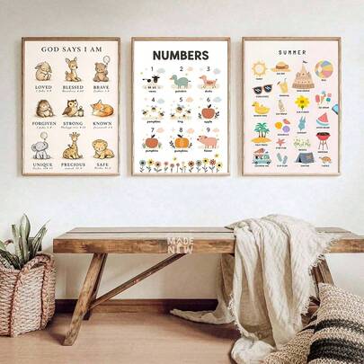 Bộ 1-3 tranh trang trí tường phòng trẻ em chủ đề động vật rừng, gồm hình ảnh chuồng trại, máy kéo, bò, lợn và vịt, kèm theo bảng số giáo dục, tranh in phẳng bốn mùa, thích hợp trang trí phòng trẻ em vào mùa xuân, hè, thu và đông, đồ dùng giáo dục cho gia đình và trường học, tranh ảnh giáo dục mầm non.