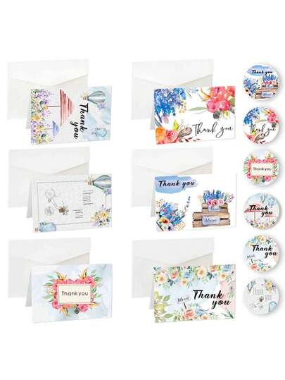 Bộ 24 thiệp cảm ơn hoa văn trang nhã, thiệp cảm ơn vẽ mực tàu kèm 24 sticker và 24 phong bì, phù hợp cho mọi dịp, 6 kiểu dáng.