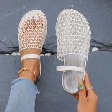 时尚宽网眼镂空罗马凉鞋，女士平底圆头新款渔夫拖鞋，夏季必备 - 白色 - 查看 6