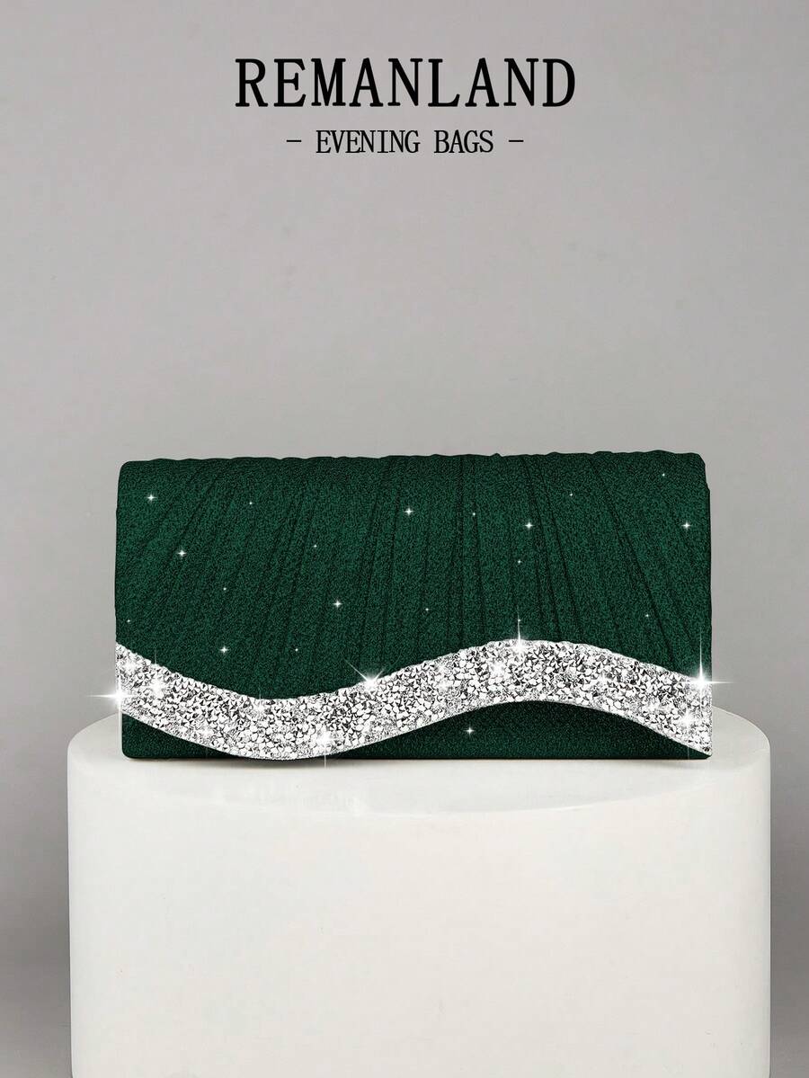 REMANLAND Mini Shiny Chain Folding Pleated Square Clutch Bag, Rhinestone Embellished Evening Bag, Perfect Match For Women's Ball Gown, Ball Accessories, Sequin Dress, Shiny Dress, Elegant Dress, Elegant Ball Bag, Perfect For Bridesmaids, Suitable For Wedding Reception, Party, Wedding, Ball, Banquet/Gala Occasions. - Dark Green - View 1