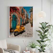 1幅帆布墙画，带框墙画，黄色摩托车墙饰，意大利街景海报，彩色门廊装饰，地中海风格旅行装饰，复古摩托车摄影，欧洲复古艺术，夏季餐厅或海滩主题家居装饰，意大利海报，时尚家居装饰，房间装饰，宿舍装饰，卧室装饰，客厅装饰，浴室装饰，厨房装饰，节日礼物 - 彩色 - 查看 2