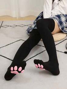 Women 3D Paw Detail Cute Over Knee Socks Daily Life, Cozy - 黑色 - 查看 7