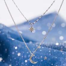1pc Luxury Design Silver Rhinestone Star & Moon Dual Necklace, Delicate Women Clavicle Chain - Silver - View 2