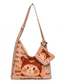 2pcs/Set Women's Cartoon Pattern One Shoulder Crescent Bag, Large Capacity, Fashion Graffiti Handbag With Small Pouch, Suitable For Vacation, Sports, Shopping - Multicolor - View 7