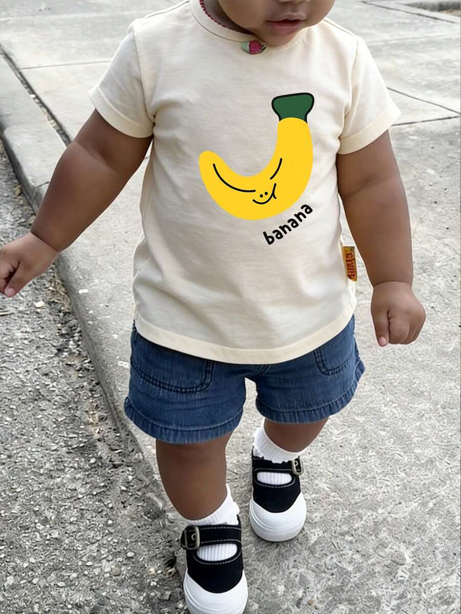 1件婴儿/幼儿男童创意卡通图案字母标语印花基本款圆领短袖T恤，休闲时尚 - 杏色 - 查看 1