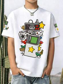 Vintage Robot & Game Controller Print Round Neck Short Sleeve T-Shirt For Teenage Boys, New Summer & Autumn Kids Clothing - White - View 4