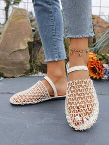 时尚宽网眼镂空罗马凉鞋，女士平底圆头新款渔夫拖鞋，夏季必备 - 白色 - 查看 3