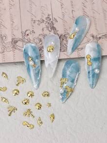 6 件套金/银贝壳、海星、金属海洋主题美甲装饰品，贝壳、海马合金美甲饰品配件，DIY 美甲沙龙夏季美甲设计用品套装 - 彩色 - 查看 5