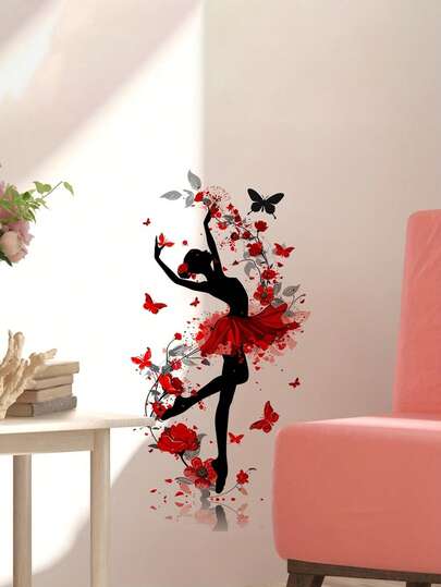 1pc Red Dress Ballerina Wall Sticker, Artistic Decorative Wall Decal, Floral & Butterfly Pattern Self-Adhesive Removable, Home Decor, Living Room Decor, Suitable For Bedroom, Dance Studio, Study Room Wall Decoration