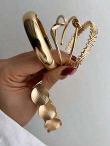 5pcs Vintage Exaggerated Luxury Geometric Design Wide Metal Gold Bangle Set, Suitable For Everyday Wear And Gifting - Gold - View 6