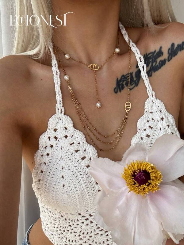 1pc High Quality Stainless Steel Gold-Tone Black Zirconia Clover Tassel Long Necklace, Suitable For Gala And Party Decoration