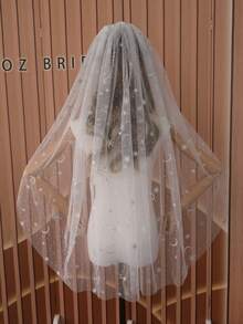 1件闪亮星月图案穆斯林新娘长款婚纱头纱，多种尺寸可选，附赠金属发梳，2026新款新娘系列，夏季，海滩风情 - 彩色 - 查看 18