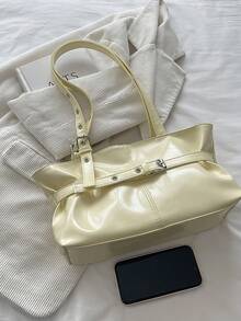 1pc Vintage Large Capacity Tote Bag, Commuter Oversized Underarm Bag, Fashion Motorcycle Bag, PU Solid Color Oiled Wax Leather, Strap Decor, Zipper Closure, Women's Shoulder Bag For Work/School/Travel/Gift, Best Choice For Daily Use - Yellow - View 4