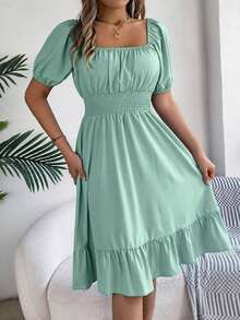 Women's Spring Summer Casual Ditsy Floral Print Dress Short Puff Sleeve Drawstring Waist Flowy A-Line Midi Dress Boho Beach Vacation Holiday Outfit - Màu xanh Bạc hà - Xem 3